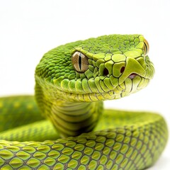close-up of a thick green snake in attack position

