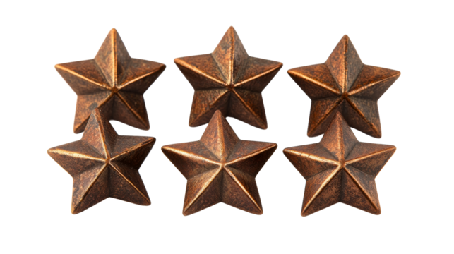 Row of bronze star badges on black, cut out transparent