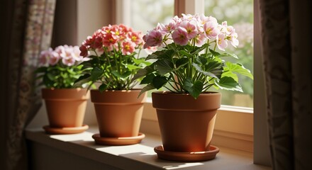 Colorful potted flowers basking in sunlight create a serene atmosphere on a window sill with soft curtains gently framing the view