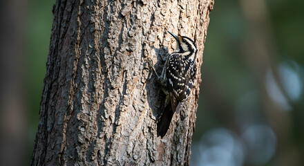 Obraz premium Varied Sittella perched upon a textured tree trunk in a forest setting