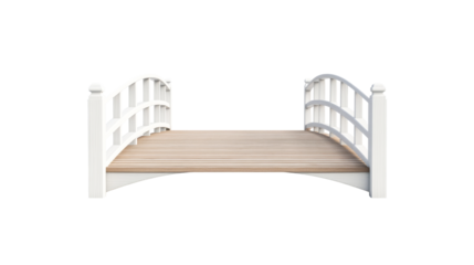 Garden bridge with white railing and wooden deck, cut out transparent