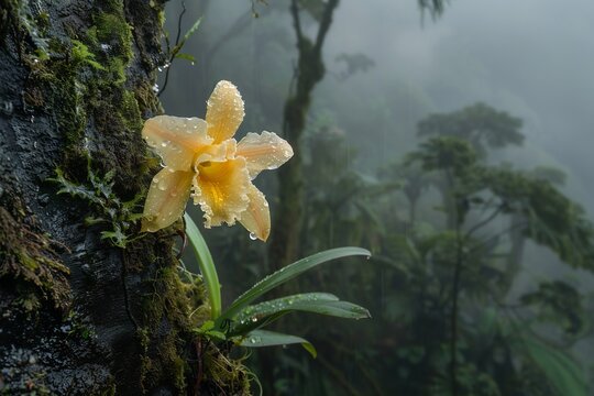 Ghost Orchid of Andes Critically Endangered Flower Hidden Clouds Show rare Andean Ghost Orchid Epidendrum ilense clinging damp bark of moss covered tree surrounded misty high altitude rainforest