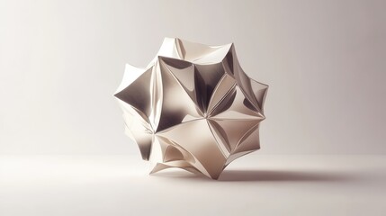 A polished metal geometric form resting on a smooth surface