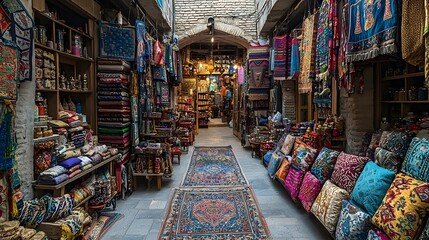 Fototapeta premium Colorful textiles fill a narrow market alleyway