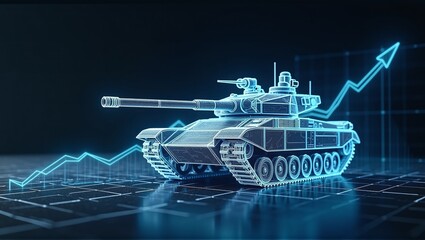A tank beside an upward-trending chart with an arrow, symbolizing rising military defense expenditures and increased armament