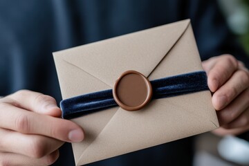 A beautifully presented envelope tied with a velvet ribbon and adorned with a wax seal, suggesting an important message or invitation that carries significance and anticipation.