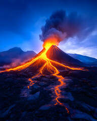 Fiery volcanic eruption at twilight, lava flows down slopes, dark smoke billows