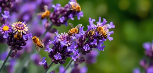 Obraz premium Busy bees pollinating vibrant purple lavender, beeswax insects at work, beehive, insects, close-up