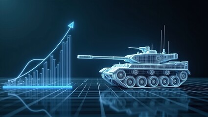 Fototapeta premium A tank beside an upward-trending chart with an arrow, symbolizing rising military defense expenditures and increased armament