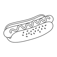 Hot dog vector illustration. Hand-drawn fast food in doodle style. Black line art isolated on white background.