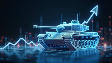 Obraz premium A tank beside an upward-trending chart with an arrow, symbolizing rising military defense expenditures and increased armament