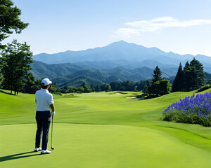 Obraz premium Golfer on putting green, scenic mountain view