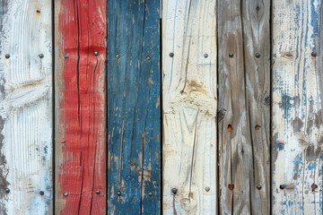 Rustic Wooden Fence with Faded Red, White, and Blue Stripes in Detailed Macro View