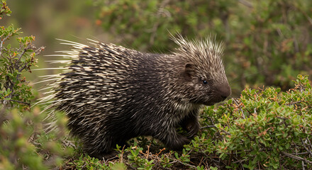 Obraz premium Crested porcupine wandering amongst verdant vegetation in its natural habitat