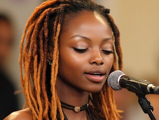 A young woman sings into a microphone with closed eyes