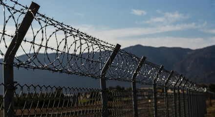 Fototapeta premium Barbed wire fence against mountainous background