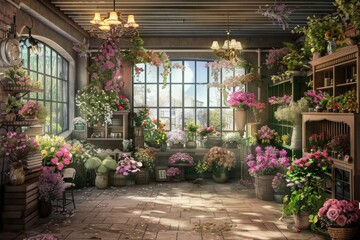 Fototapeta premium Beautiful Flower Shop with Colorful Blooms and Fresh Arrangements