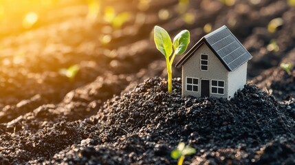 Sustainable home, seedling growth, soil, sun, eco-friendly housing concept