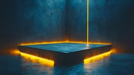 Illuminated square platform highlighted by warm yellow and cool blue hues
