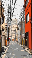 Narrow city alleyway, Japan, urban scene, background buildings, travel poster