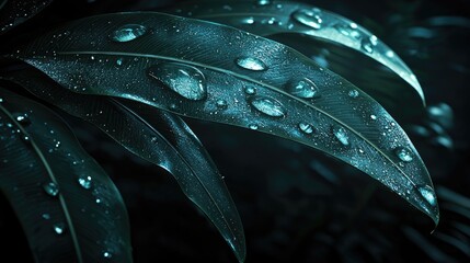 Dew-kissed leaves, rainforest, dark background, nature wallpaper