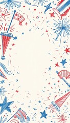 Fototapeta premium Whimsical Patriotic Doodle Border with Fireworks and Stars in Red, White, and Blue