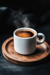Fototapeta premium A white cup of coffee on a wooden saucer, with steam rising from it, against a dark background.