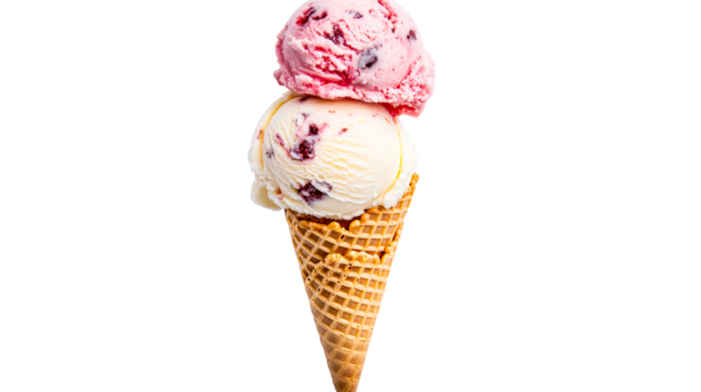 Double scoop ice cream cone, delicious dessert, cut out transparent