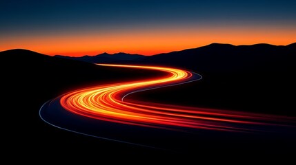 A Winding Road Illuminated at Sunset with Streaks of Light