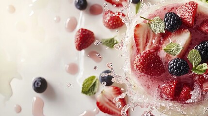 Fresh fruit dessert in milk splash, healthy snack, vibrant colors