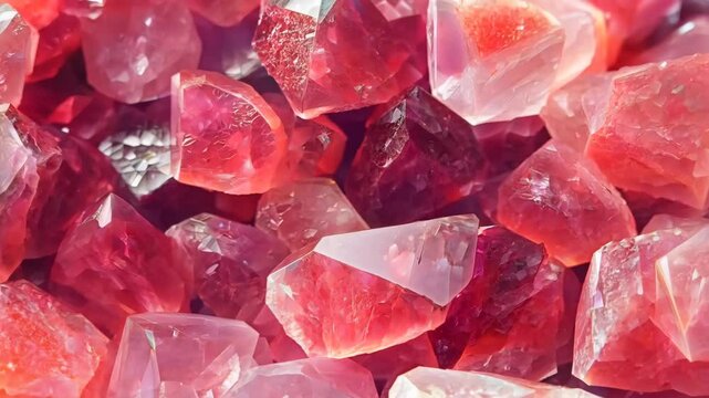 Close-up of various pink and red Strawberry Quartz crystals with a faceted appearance.
