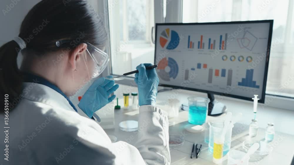 Aufkleber A passionate scientist in protective gear analyzes samples in a hightech lab filled with colorful data visualizations on screens, enhancing their research experience and findings