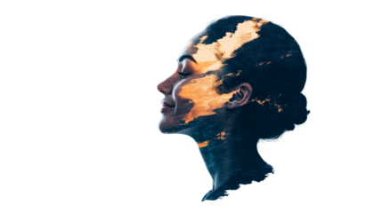Profile face portrait with sunset colors, dreamy expression, cut out transparent