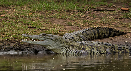 Crocodile lurking at water's edge, a predatory reptile patiently awaits its prey