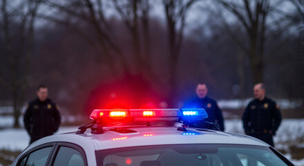 Police officers near a patrol car with flashing lights