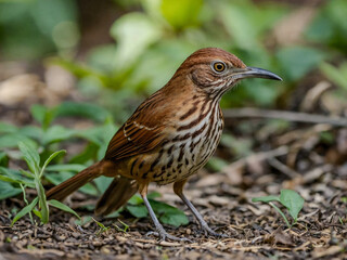 Brown thrasher bird foraging on the ground.