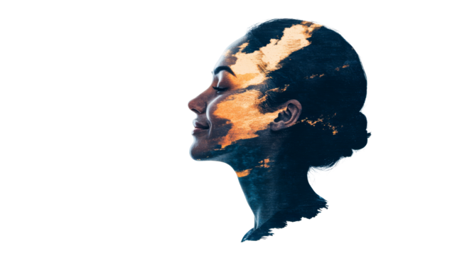 Profile face portrait with sunset colors, dreamy expression, cut out transparent