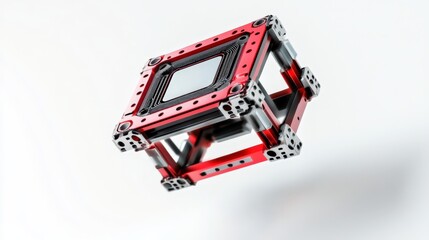 A floating mechanical cube composed of red and silver elements