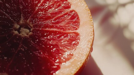 Close-up of half of juicy red citrus fruit with leaf shadows on surface.  Food blogs, beverage labels
