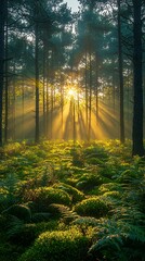 Obraz premium Sunbeam lighting up forest ferns at dawn high resolution image