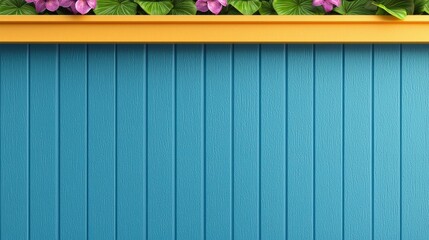 Purple Flowers In Yellow Pot Against Teal Planked Wall