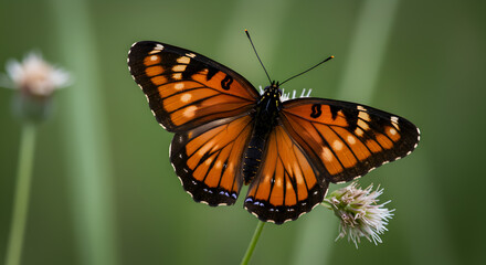 Fototapeta premium Viceroy Butterfly on a Delicate Flower Head with Blurred Green Background