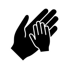 Black silhouette of two hands, one large and one small, larger parent hand, smaller child hand overlapping, care, protection, emotional bond, parent and child support, family, parental care, nurturing