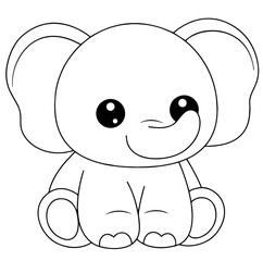 Cute cartoon baby elephant, black and white coloring page, big round eyes, large ears, smiling trunk, friendly animal illustration, children’s drawing