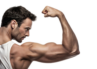 Muscular man flexing bicep under bright lighting