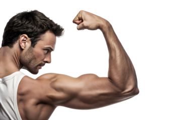 Muscular man flexing bicep under bright lighting