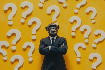 Businessman monkey is thinking with question marks on yellow background