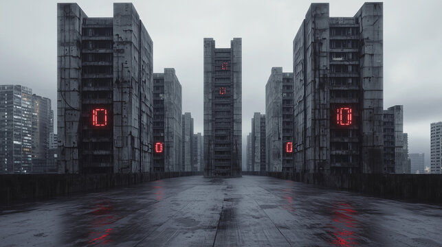 Futuristic brutalist buildings with glowing red digital numbers in a dystopian cityscape on a wet overcast day.