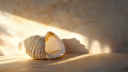 A close up of a seashell on a surface with sunlight coming through the shell and a shadow cast on the wall behind it, with a soft light shining on the floor. Spiritwoven Shell. Illustration