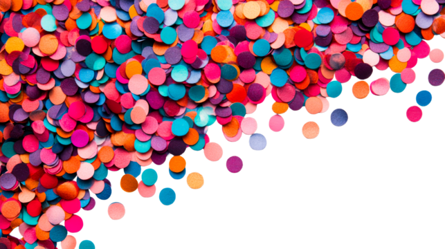 Colorful confetti cascade on black, festive design element, cut out transparent